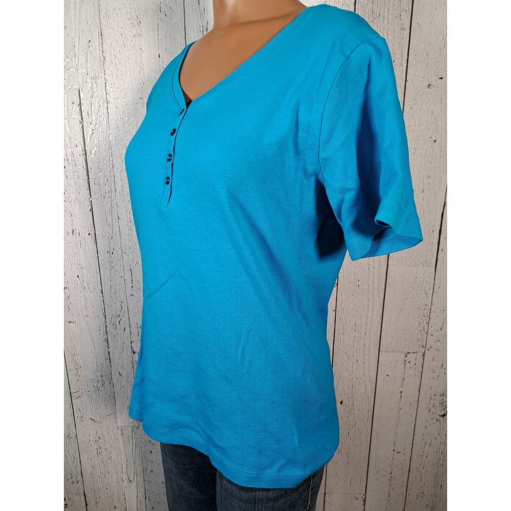CC Hughes Women Turquoise Blue 100% Cotton Short Sleeve Henley V-Neck Top Size M